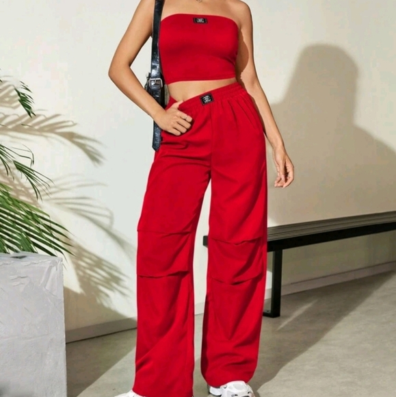 Summer Casual Patch Strapless Crop Top And Long Pants Two Piece Set - Picture 6 of 6
